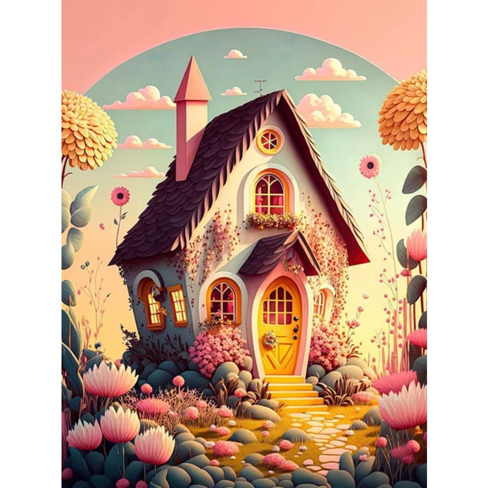 Алмазная картина Full Drill Art Розовый дом Животное Круглая алмазная живопись Ручная работа Звезда Кот Diy Алмазная мозаика Картина Украшение дома