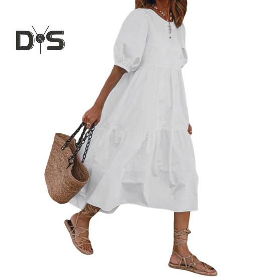 Женское летнее платье миди с короткими рукавами-фонариками и круглым вырезом, льняное платье, свободное повседневное бохо-пляжное платье