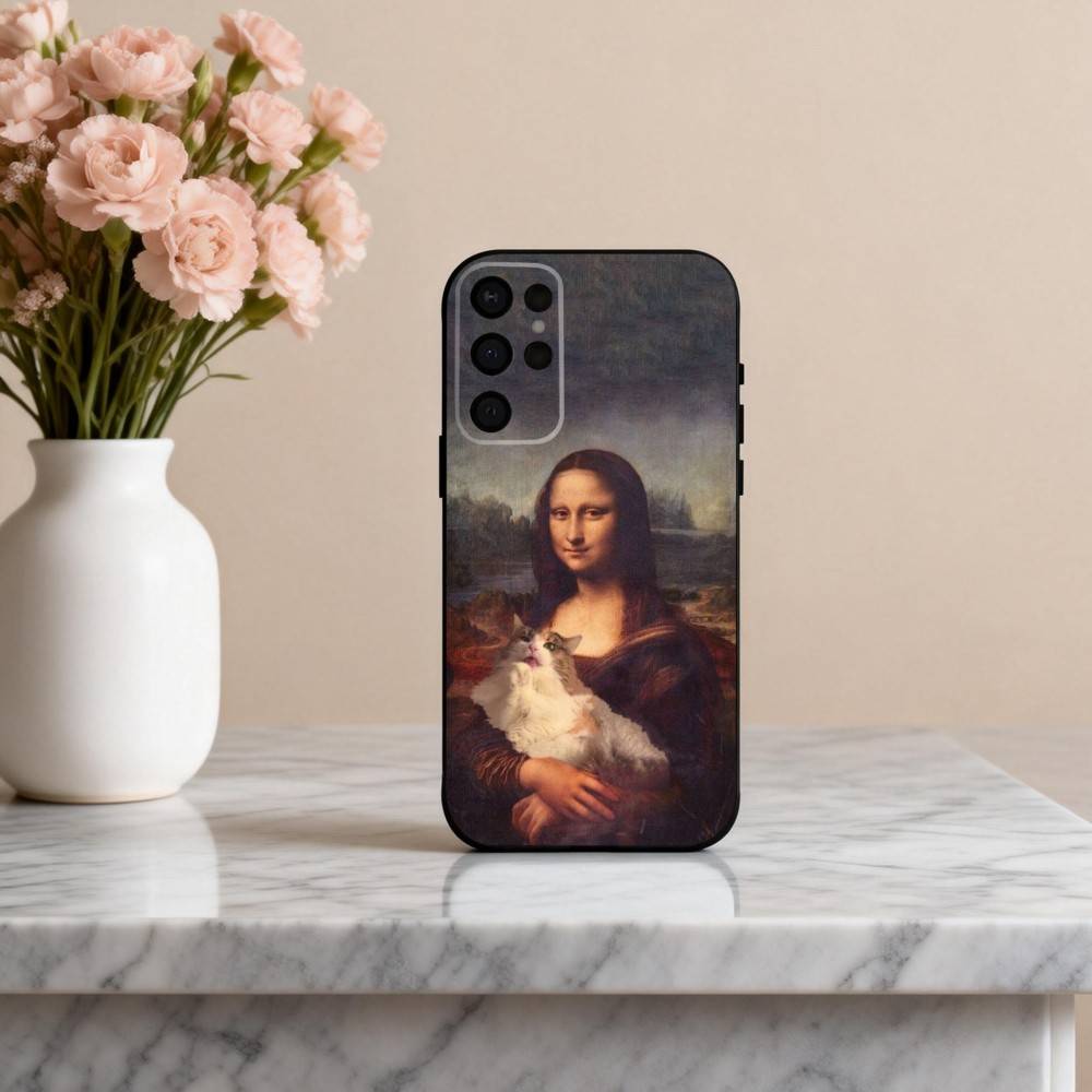 Чехол для телефона M-Mona-A L-Lisa Pat C-Cat Art для Samsung S25,24,23,22,30,21,10,9,Ultra,Plus,Lite,FE,4,5 G Мягкий черный чехол