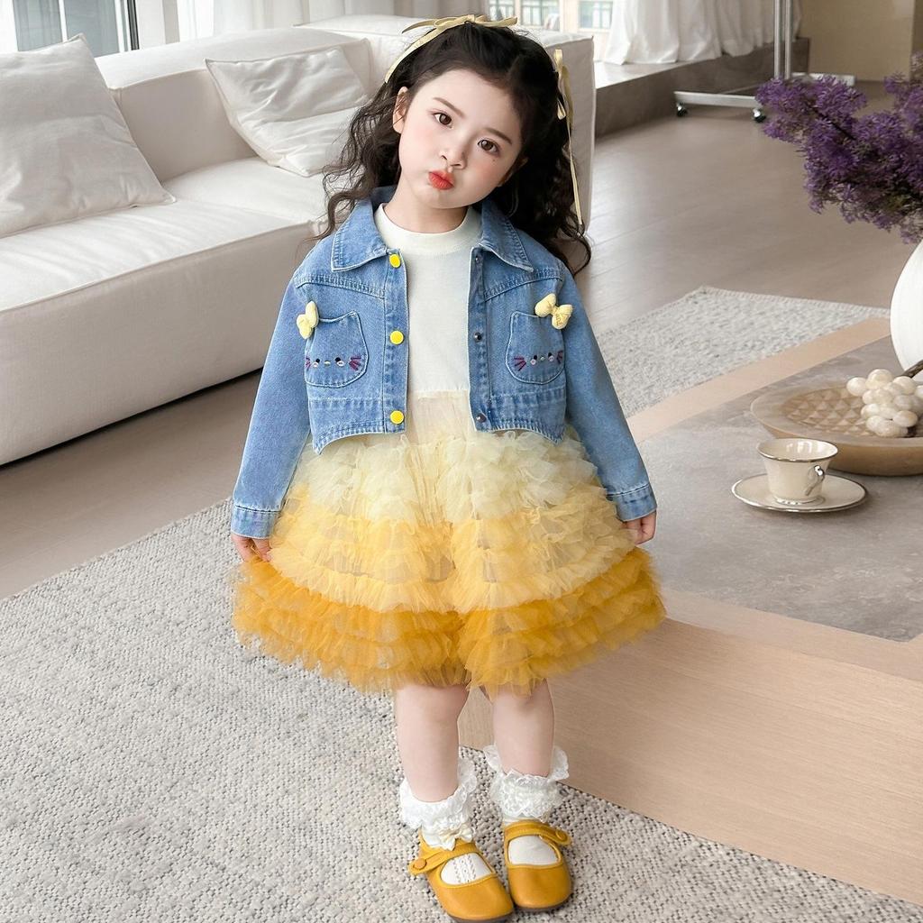 Spring Girls' Cat Denim Princess Dress Set - Baby Puffy Skirt Two-Piece
