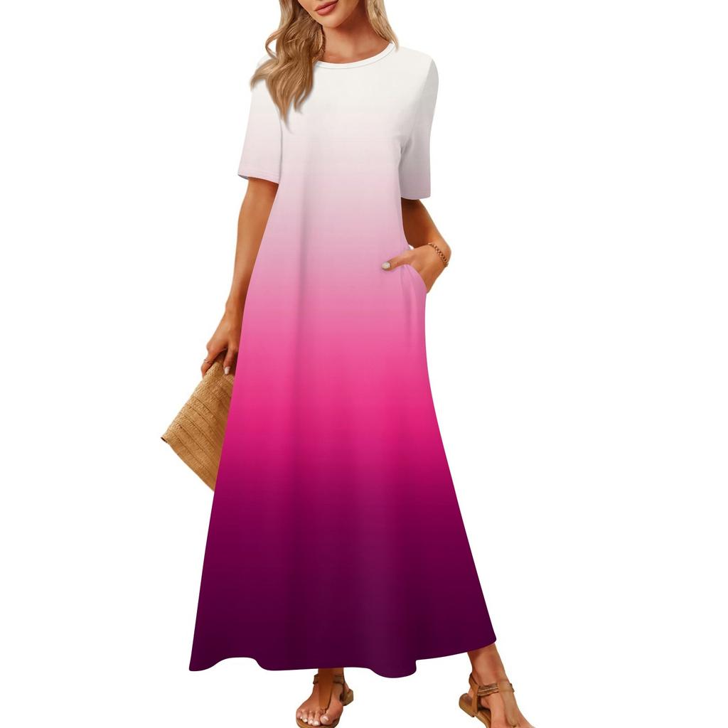 Women's Fashionable And Casual Long Beach Skirt Round Neck Short Sleeved Loose Retro Print Dress