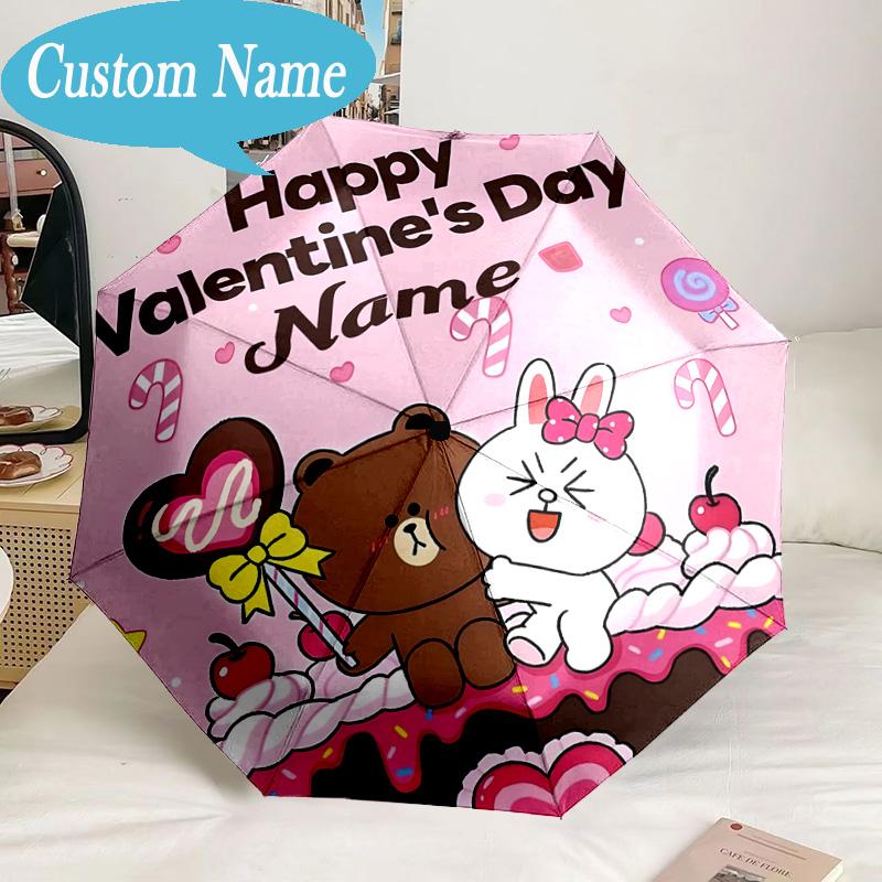 Custom Name Umbrella Happy Valentine's Day Brown Bear Umbrella 8-Frame for Travel, Camping, Casual Lightweight Portable, Essential for Family Gifts