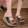 Fashion GKTINOO 2025 Summer Shoes Women Wedge Slides Cover Toes Handmade Flower Thick Heels Genuine Leather Lady Platform Slippers