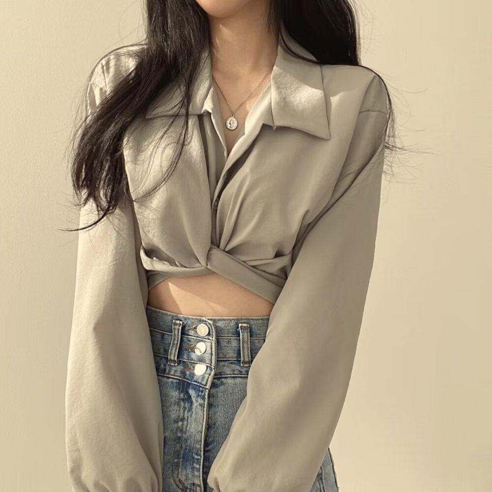 Винтажная уличная одежда Harajuku, сексуальная женская блузка, укороченный топ, тенденции корейского стиля, белая рубашка с длинным рукавом, женская туника, шикарная