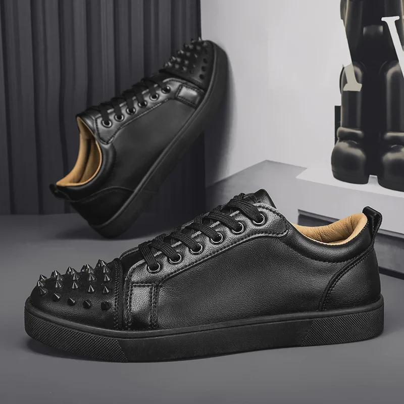 Men's Red Bottom Rivet Casual White Sneakers - Trendy Microfiber Leather Shoes