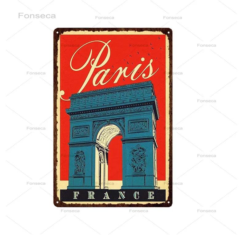 Paris Roma City Metal Sign Vintage Metal Plaque Travel Plates Decor For Bar Home Wall Decor Tin Sign Landscape Poster