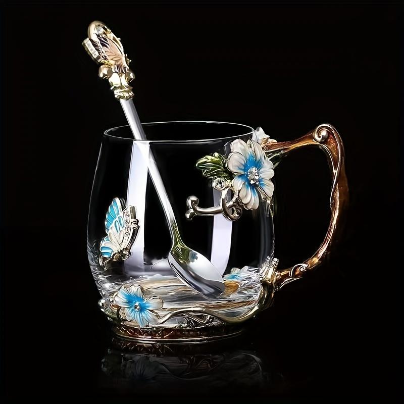 1pc Flower Enamel Crystal Tea Cup, Heat Resistant Coffee Mug, Lead-Free Glass Tumbler, Butterfly Painted Flower Water Cups, Clear Glass With Spoon Set