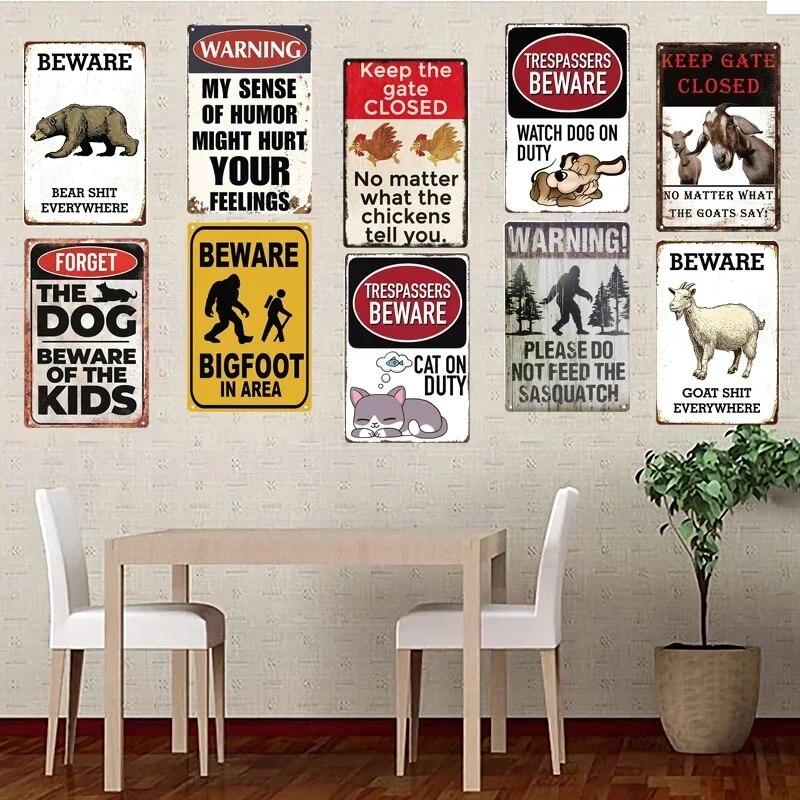Beware Animals Dog Cat Bull Kraken Chickens Bigfoot Area Retro Tin Sign Caution Decorative Vintage Plaque Metal Poster Decor