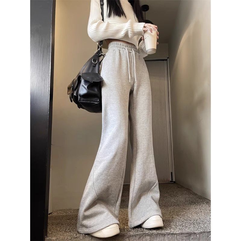 Корейский стиль, модные флисовые спортивные штаны, женские серые брюки-клеш Y2K, винтажные зимние теплые толстые брюки большого размера, широкие брюки для бега
