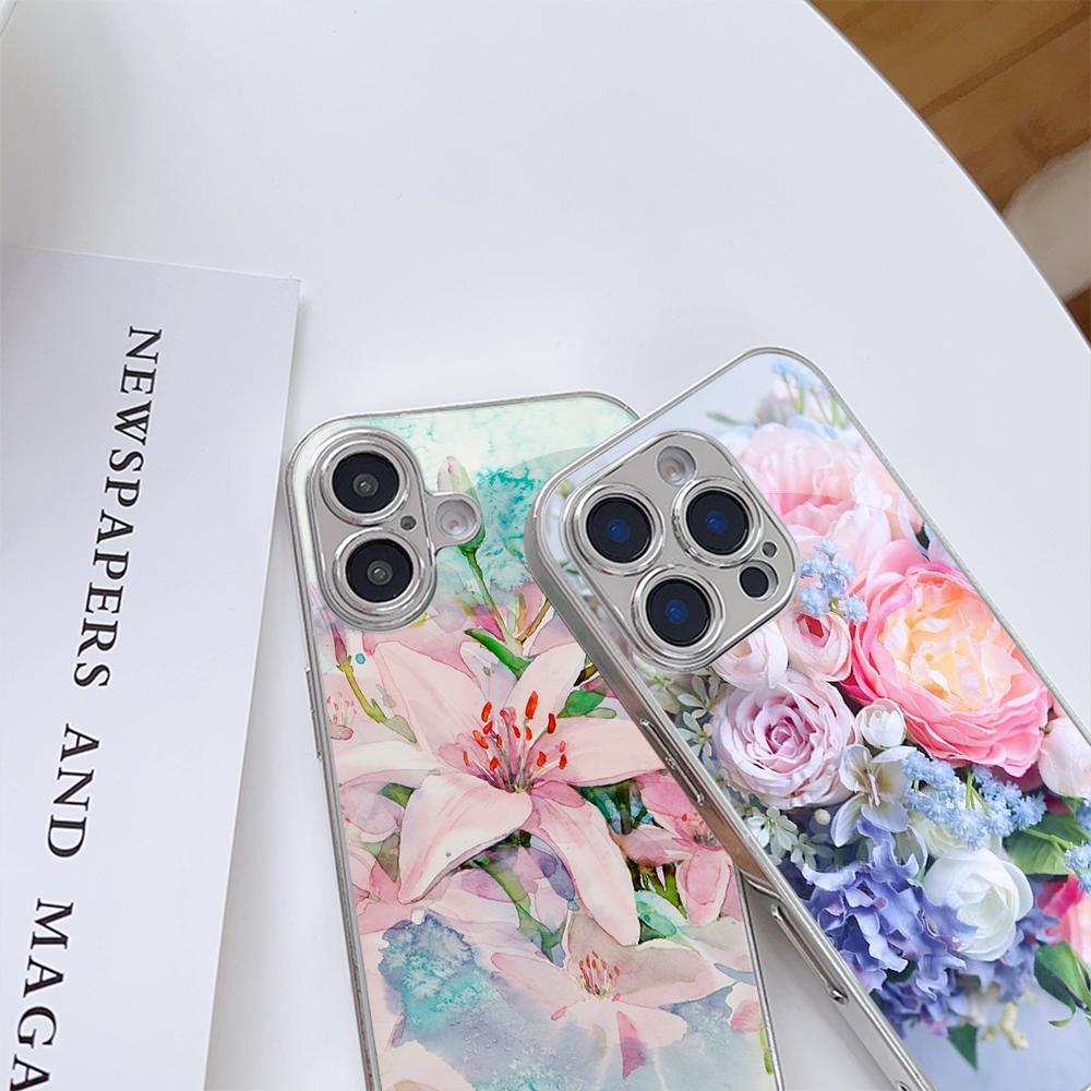 N164 Flower Peony Vase Phone Case for iPhone 16 15 Pro Max Samsung S24 S23 Ultra A54 A35 A25 Xiaomi Redmi Note 13 12 Plated Frame Tempered Glass Cover