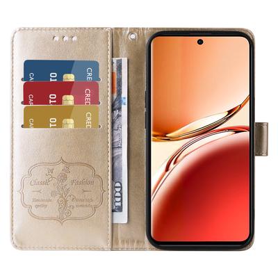 Для Oppo Reno12 F 4G Кожаный чехол Бабочка Цветочный оттиск Кошелек Подставка Обложка