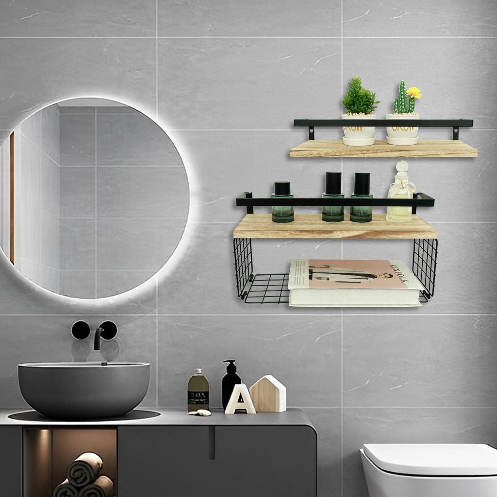 Floating Shelves Wall Mounted Bathroom Shelves with Paper Storage Basket Wooden Wall Shelves for Bathroom Kitchen Storage Rack