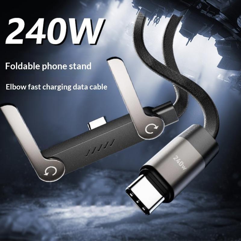 240 Вт USB-C Кабель для быстрой зарядки и передачи данных со встроенной подставкой для телефона, прочный плетеный нейлон, для мобильных игр и ежедневного использования в офисе