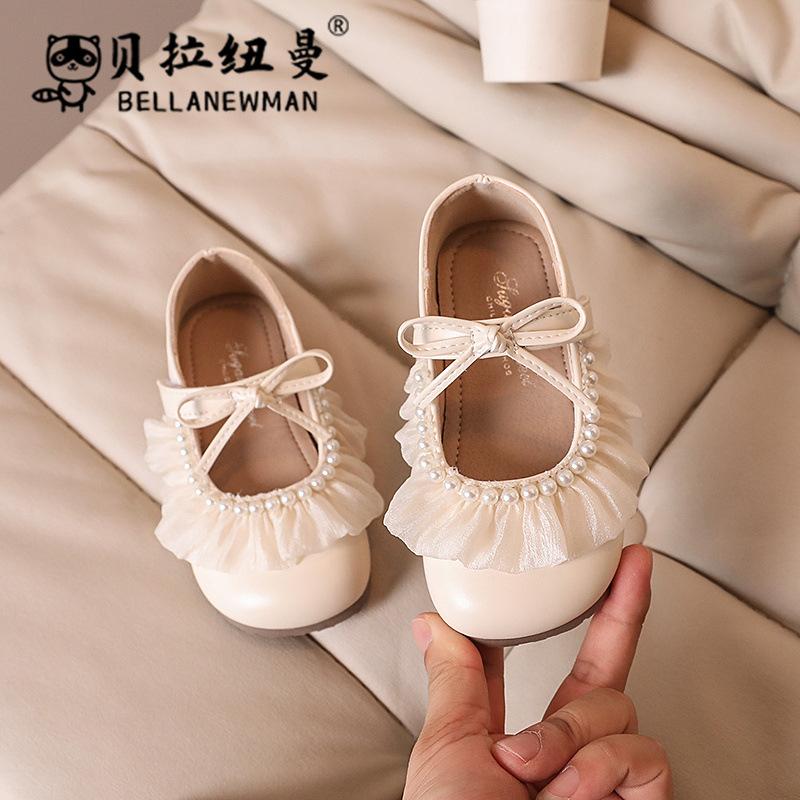 Girls' Lace Beaded Bow Princess Shoes, New Autumn Model, Children's Soft Sole Single Shoes, Small Leather Shoes