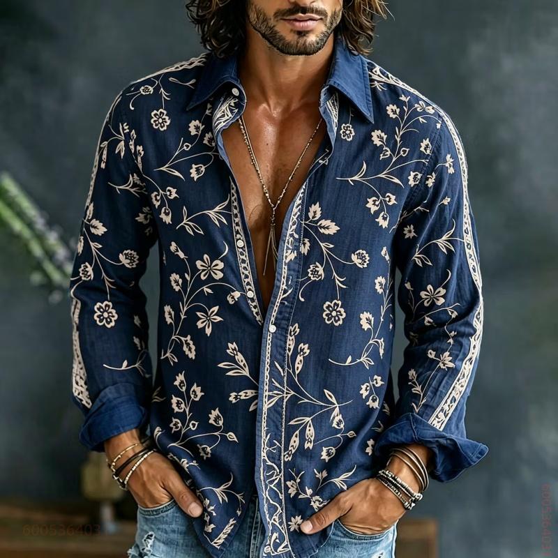 Men's Long Sleeved Shirt with Floral Branches and Leaves Printed on Top, Versatile Casual Shirt for Daily Commuting and Travel