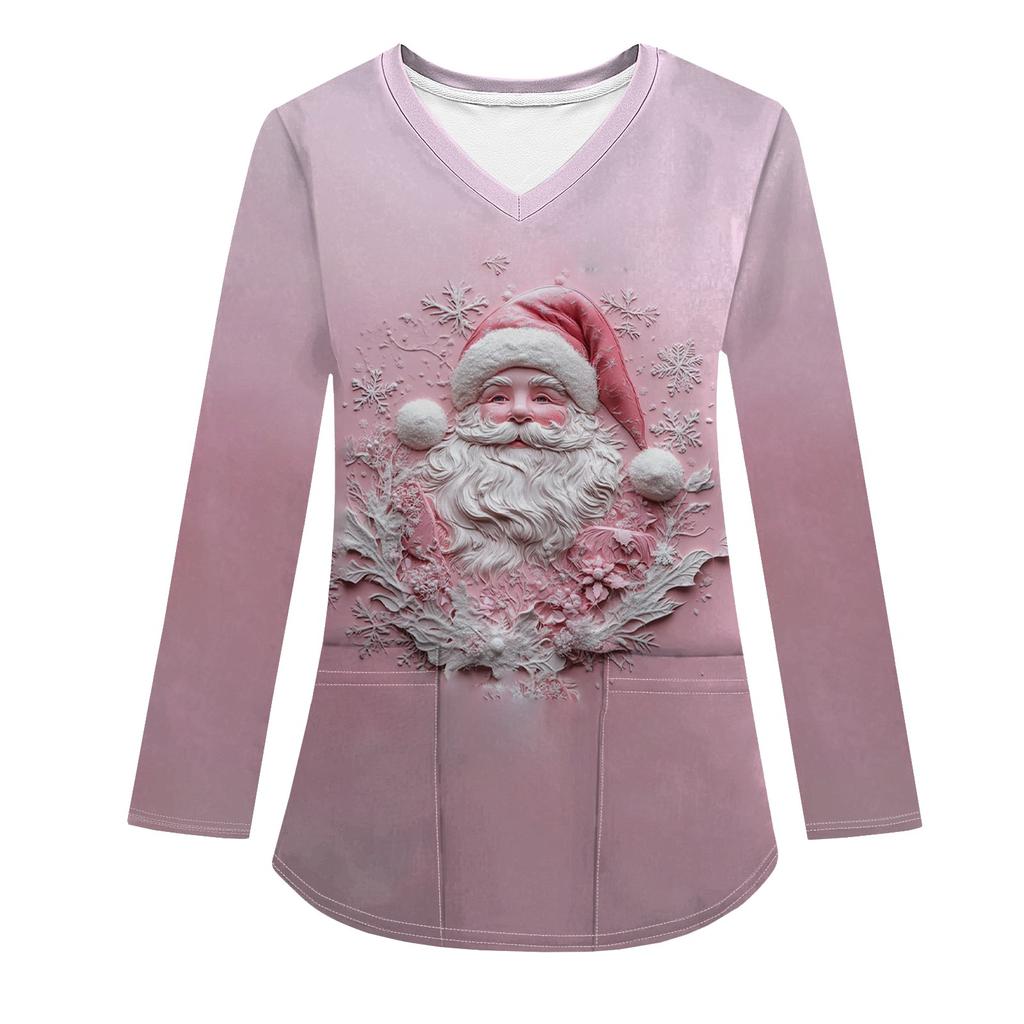 Женская модная рабочая одежда с V-образным вырезом, длинным рукавом и карманом, рождественский принт, футболка, топ