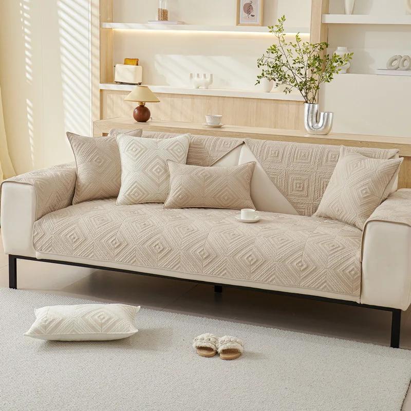 Non-slip Cushion for Living Room Sofa Cover Cream Wind Sofa Cover Pure Cotton Solid Color Embroidered Fabric Art Sofa Cushion