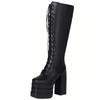 Сексуальные панк-сапоги до колена на платформе, готические черные зимние ботинки на высоком каблуке, кожаные, со шнуровкой, фетиш-туфли для стриптиза, женские, большого размера 45