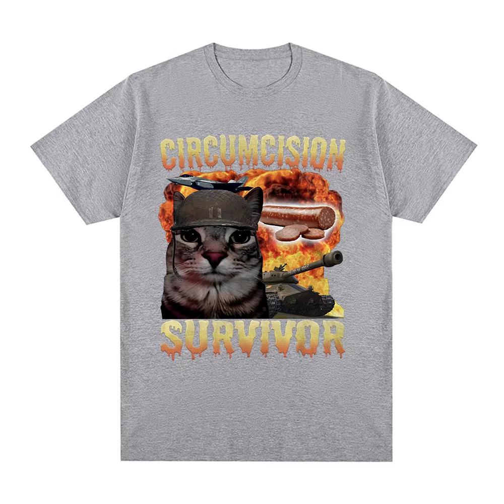 Circumcision Survivor Funny Cat Meme T Shirts Men Women Vintage Tshirt Casual Cotton Short Sleeve Summer Tshirts Streetwear