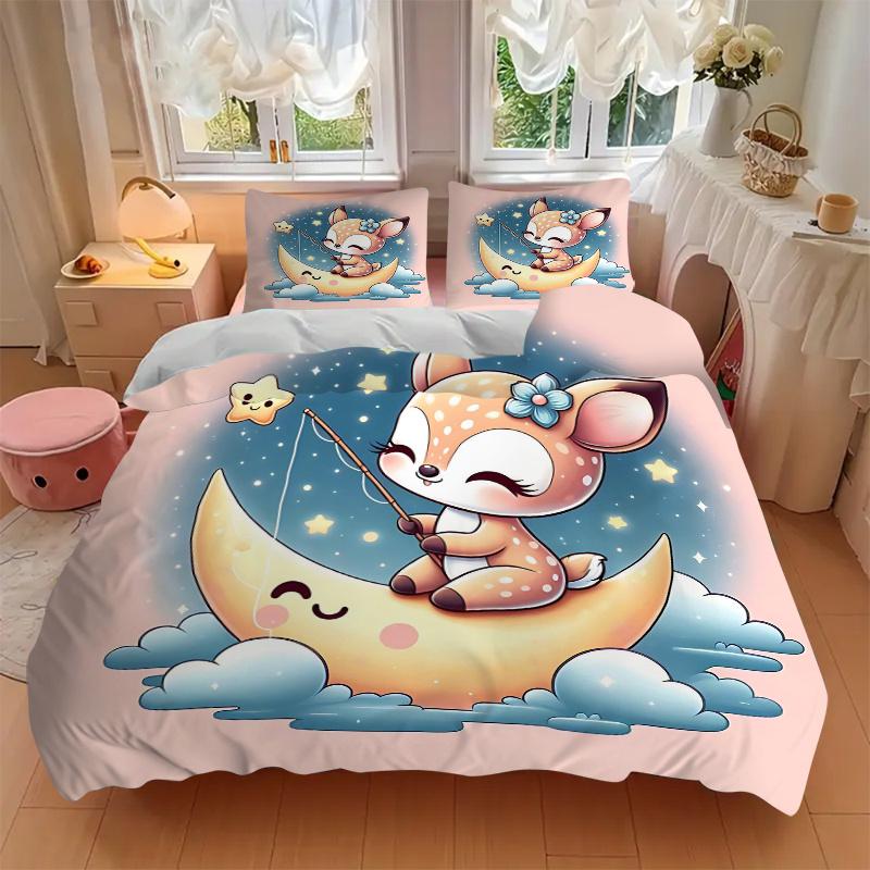 3pcs Little Sika Deer & Moon Printed Bedding Set, Soft and Comfortable Quilt Cover for Bedroom, Guest Room (1 Duvet Cover + 2 Pillowcases, P