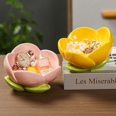 Декор для дома Керамическая подставка для украшений в виде цветка Подставка для мелочей Подставка для колец Чаша для ключей Декоративное блюдо для дома-Розовая Офисный аксессуар для стола в форме