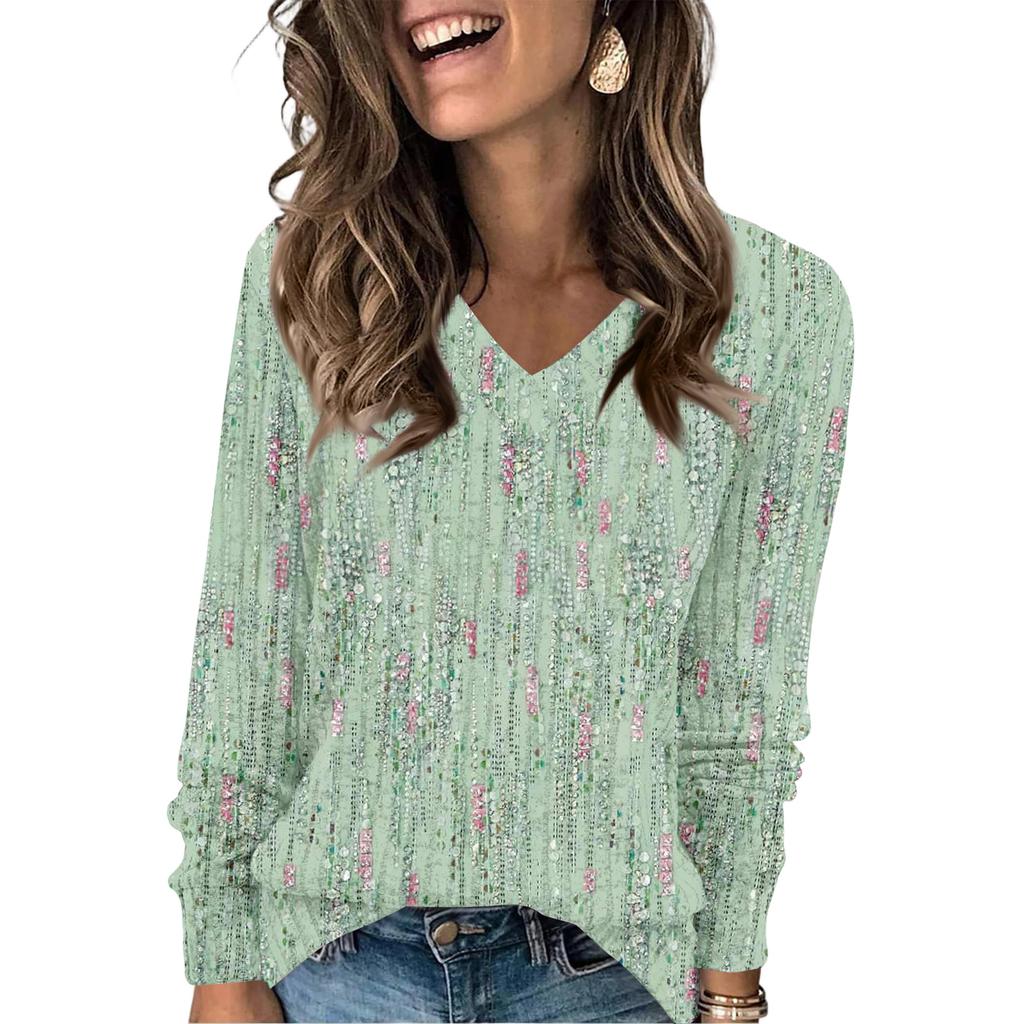 Women's Fashionable Oversized V-Neck T-Shirt With Floral Print Long-Sleeved Pullover Top