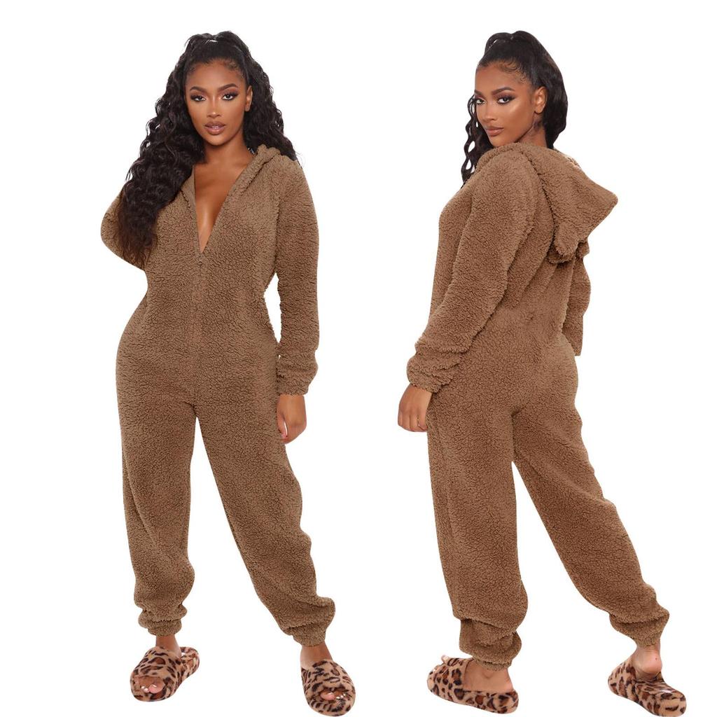 2020 European and American Autumn/Winter Fleece-Lined Hooded Jumpsuit Pajamas for Family
