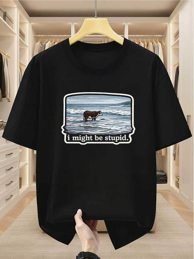 Plus Size unisex T-Shirt 100% with Funny Cow in Ocean Graphic And 'I Might Be Stupid' Slogan Comfortable Casual Short-Sleeved unisex T-Shirt for Summ