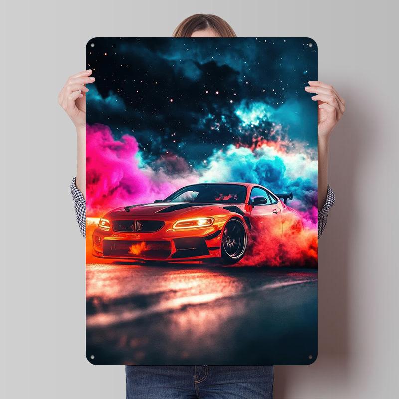 Red Sports Car With Smoke Poster Customized Vintage Metal Signs Wall Art Retro Tin Plaque for Garage Bedroom Decoration Room