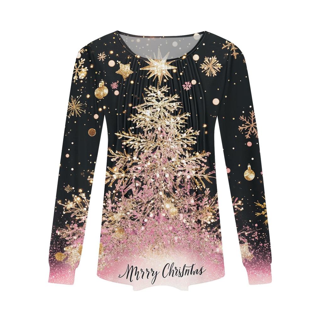 Women's Casual Top Christmas Printed Round Neck Long Sleeved Pleated T-shirt