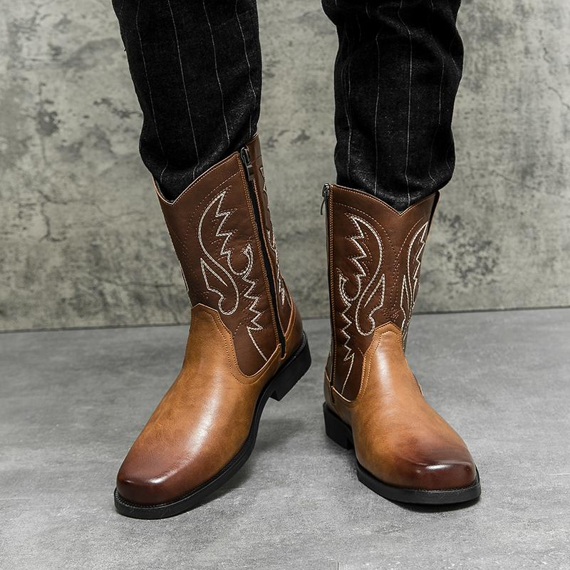 High Quality Embroidery Leather Boots Men Classic High Top British Men's Boots Motorcycle Shoes Men Ankle Western Cowboy Boots Male