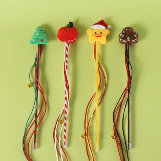 Christmas Cat Teaser Wand Interactive Toy Cartoon Apples Christmas Tree Star Gingerbread Man Plush Rod for Cats Safe Material Pet Supplies