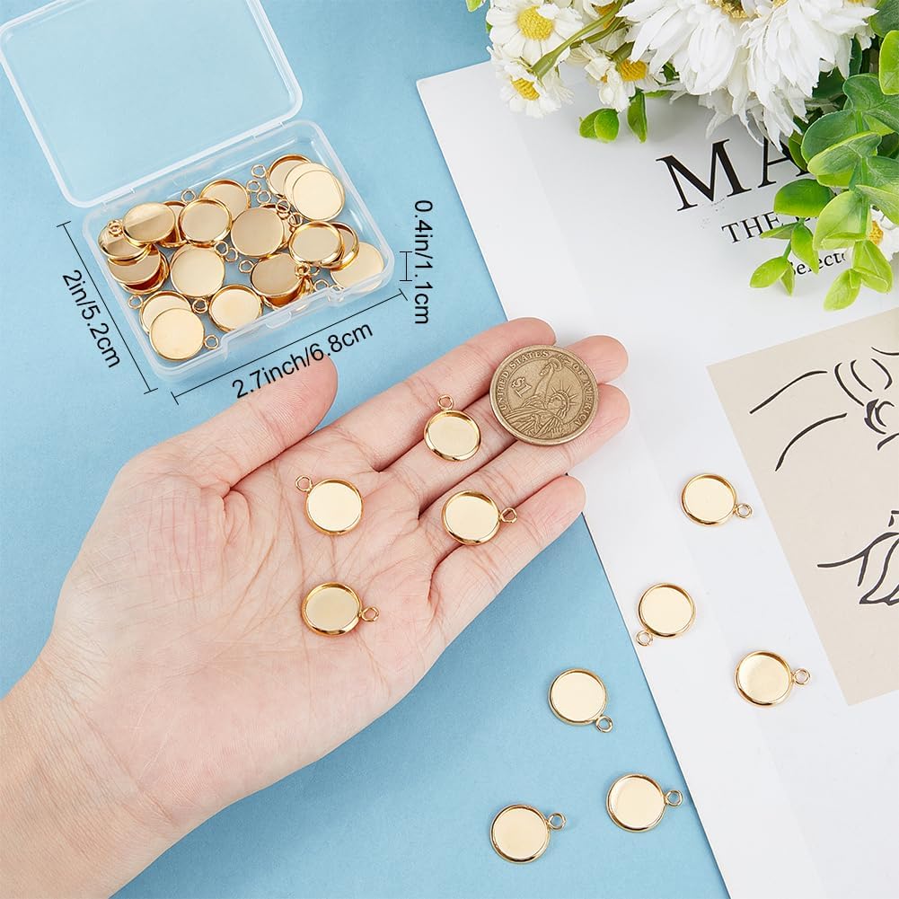 Beebeecraft 1 Box 40Pcs Flat Round Charm 24K Gold Plated Brass 12mm Blank Bezel Tray Charms Cabochon Settings with Loop for Jewelry Making
