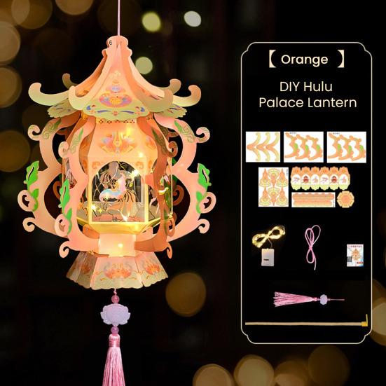 Handmade Chinese Traditional Lantern Kit Handcrafted Handheld 3D Hollow Chinese Palace Lantern with Lotus Tassel for Spring Festival Decoration