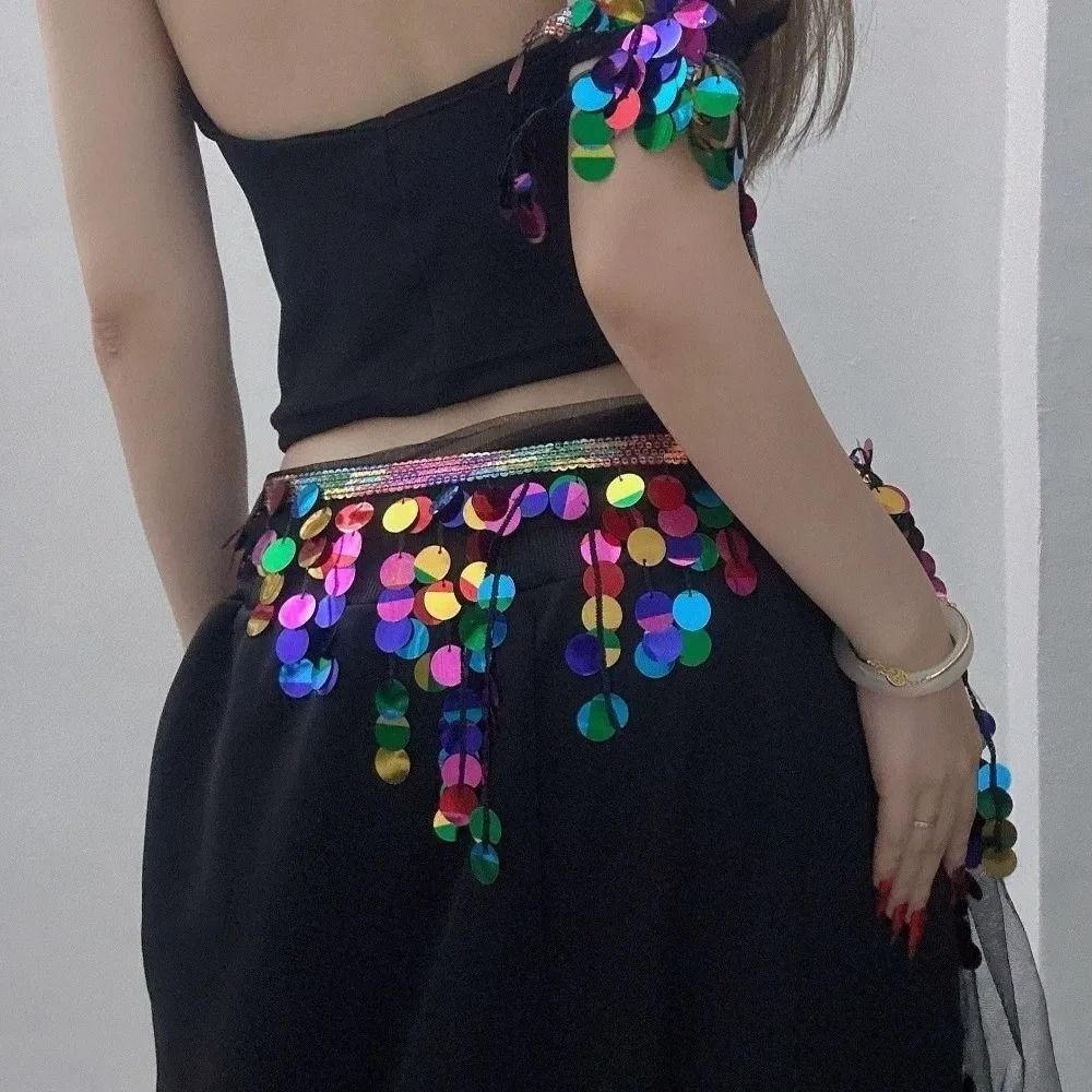 Cymbal Sequins Tassel Waist Wrap Adjustable Tie Stage Waist Chain  Stage Competition