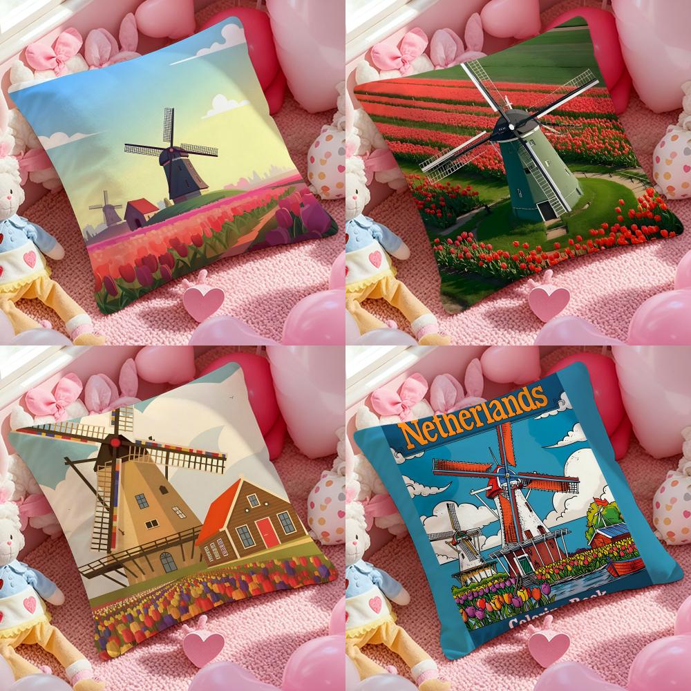 Dutch Windmills & Tulips Cushion Cover Anti-dustmite Pillowcase Invisible Zipper Silky Short Plush Sofa Cushion Cover