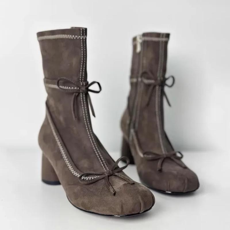 Модные ботильоны на толстом каблуке в стиле французского балета, женские ботильоны с бабочкой, с круглым носком, короткие ботинки на молнии сбоку, эластичные ботильоны до середины икры