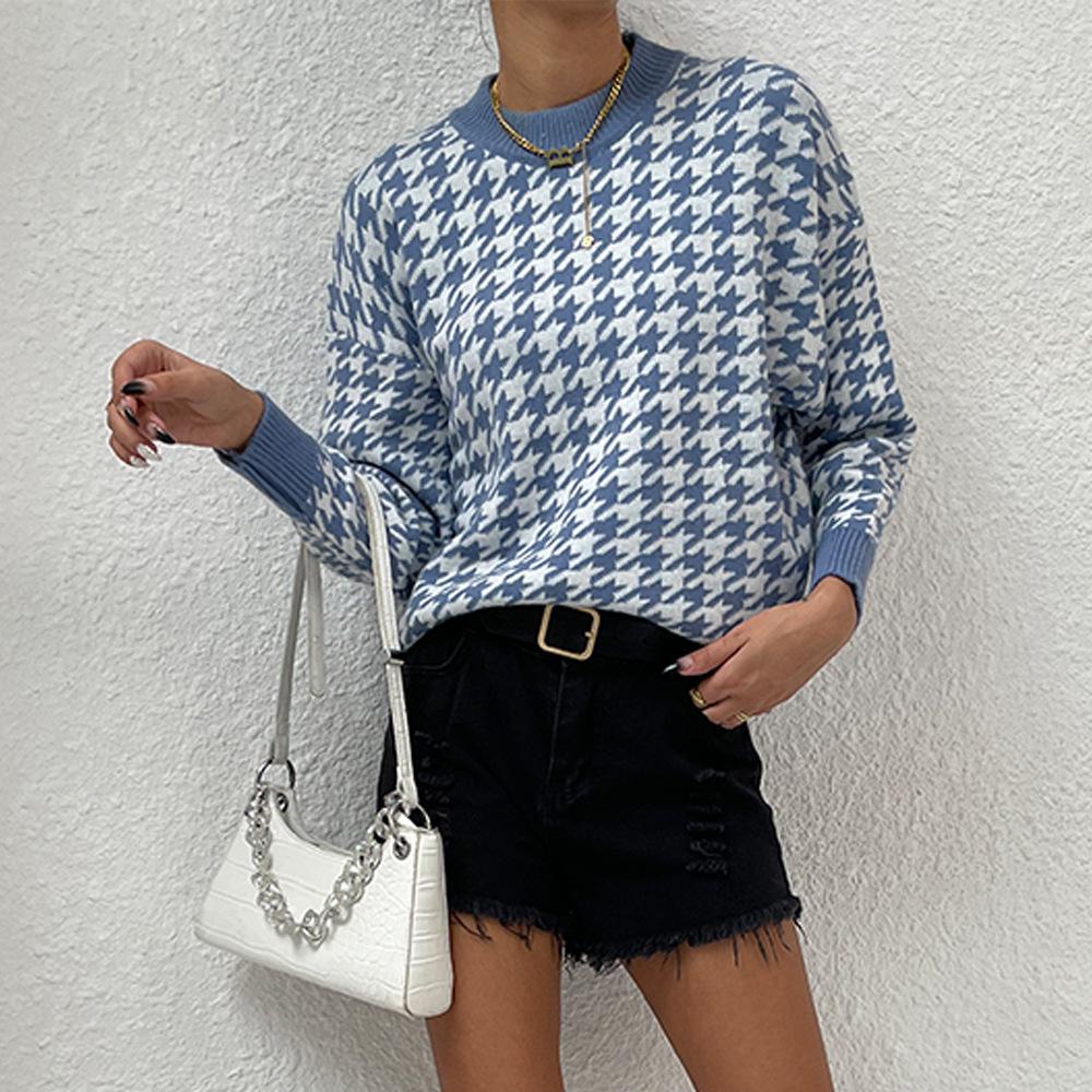 Autumn/Winter Women's Houndstooth Diamond Knit Sweater Pullover