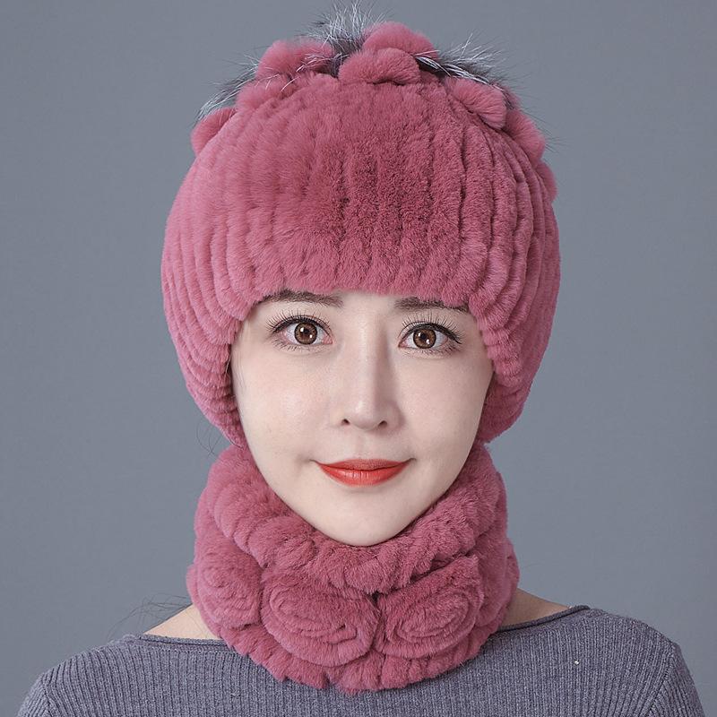 Шапка из меха кролика, женская зимняя мода, универсальная, теплая, зимняя защита для ушей, шарф из меха кролика Рекс, комплект из двух предметов, меховой костюм из меха