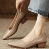 New Retro Leather Heels Shoes Pointed Toe Slip-on Loafers Mid Heeled Fashion Work Shoes Women's Spring Summer Casual Pumps Beige