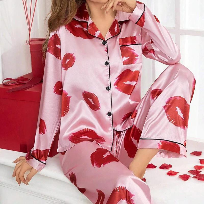 Women's Soft Satin Pajamas Set Autumn Long Sleeve Lapel Collar Tops Pants Sleepwear Loungewear 2 Piece Home Clothes Suit