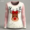 Women's Holiday Print Long Sleeve, Santa Reindeer Christmas Design, Crew Neck Casual Top, Spring Fall Seasonal Fashion T-shirts