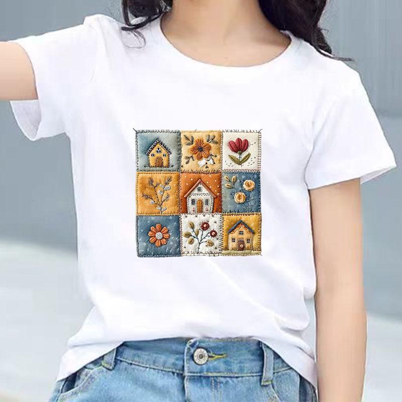 Kids Cotton T Shirt Cute Floral House Print Crew Neck Short Sleeve Tee Casual Breathable Boys Girls Summer Tops