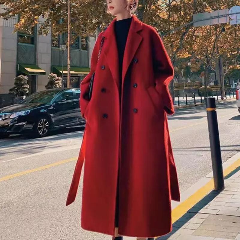 Winter Trench Coat For Women Elegant Fashion Korean Casual Thick Wool Coat Red Lace-up Long Jacket Black Woman Coat With Blet