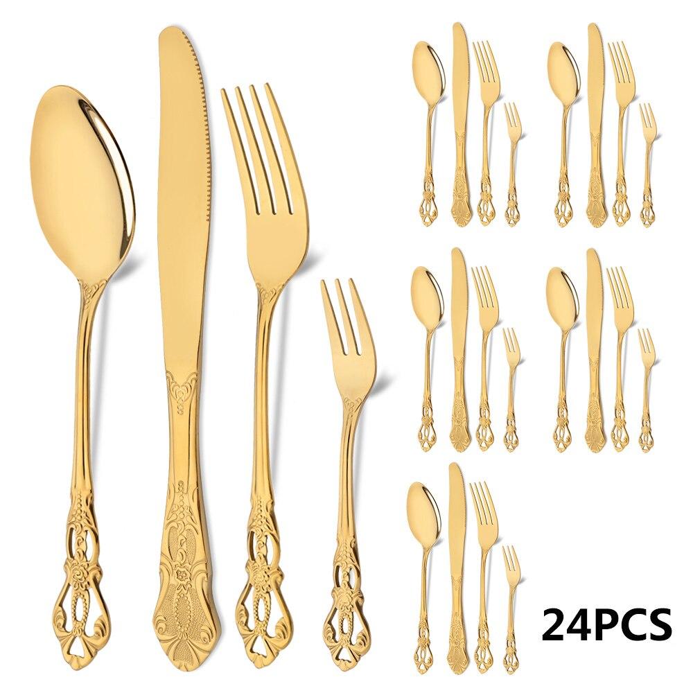 24 шт. Радужный набор столовых приборов, кухонные столовые приборы из нержавеющей стали, нож, вилка, ложка, вилка для торта, винтажный королевский набор посуды