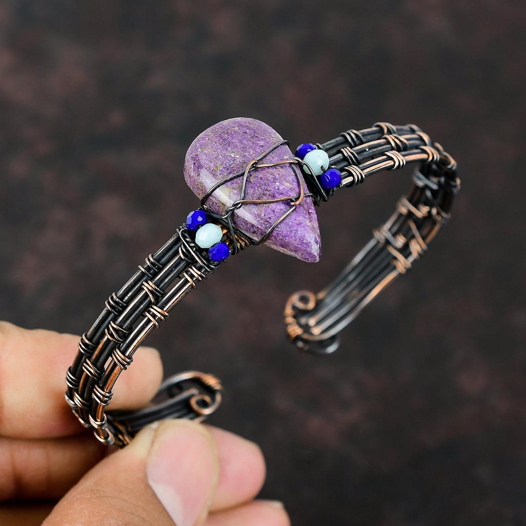 Браслет-манжета из пурпурита Синий халцедон и лазурит Бусы Браслет Медная проволока Обернутые каменные украшения Регулируемый браслет Браслет ручной работы