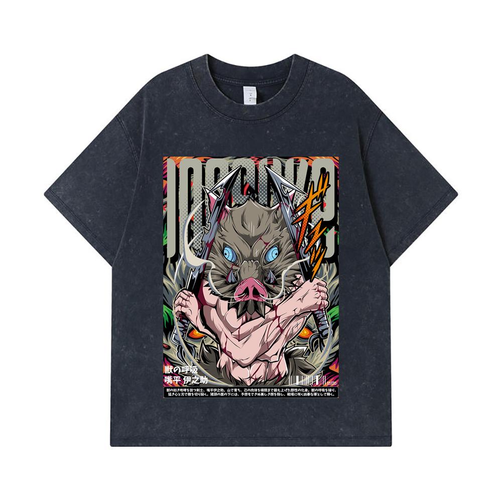 275 GSM Washed T-shirts 100% Cotton Demon Slayer V96 Inosuke Print Unisex Heavy Cotton T Shirt