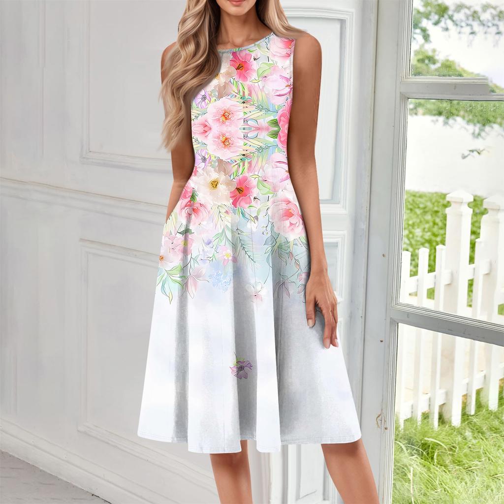 Женское повседневное и модное платье средней длины с круглым вырезом без рукавов и принтом