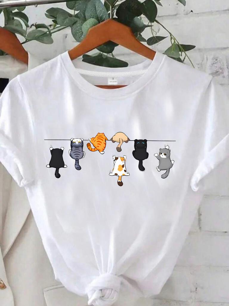 7 cats Plus size women's round neck short sleeve T-shirt with elastic half sleeves and trendy prints