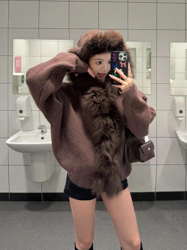 Women's Fox Fur Collar Hooded Knit Cardigan - Autumn/Winter Sweater Coat